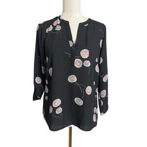 Daniel Rainn Tunic Blouse Womens Small Black Floral V Neck Roll Tab Sleeve Top